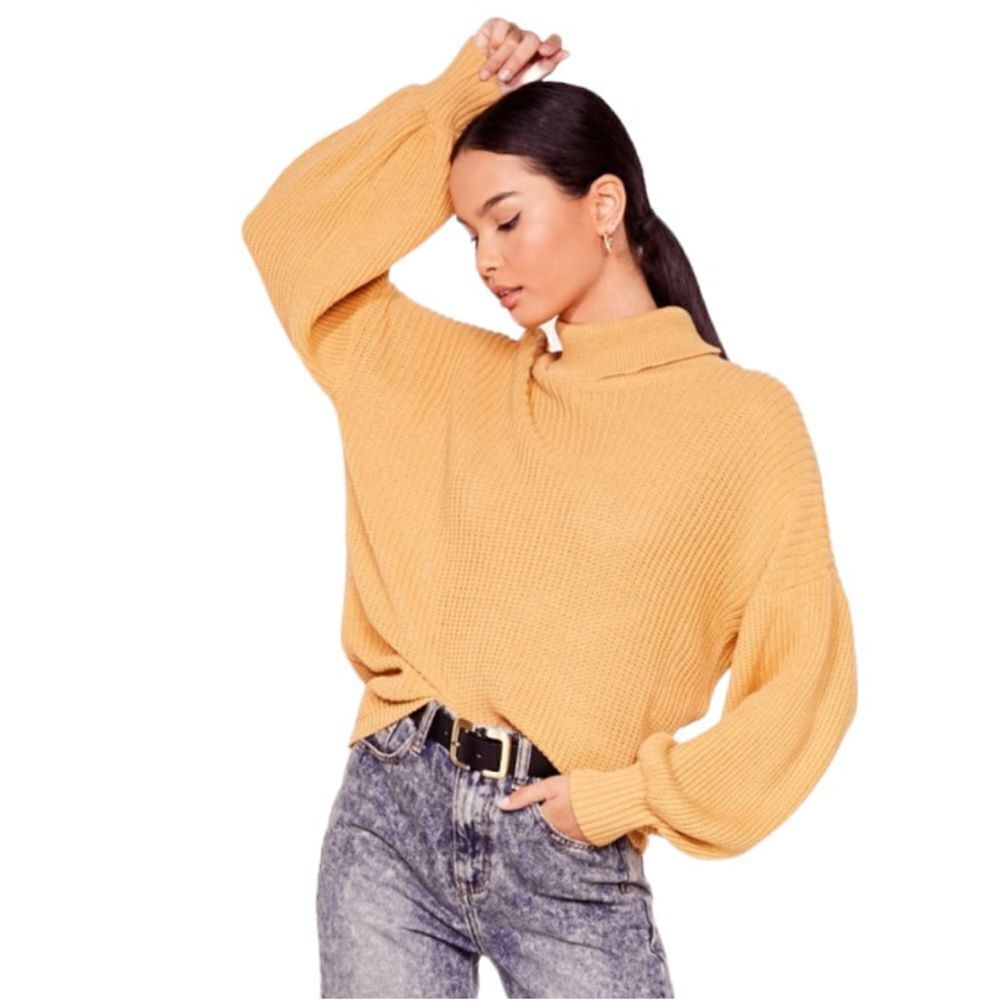 NWT Nasty Gal Let's Roll Knitted Balloon Sleeve Sweater oatmeal tan size xlarge